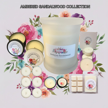 Load image into Gallery viewer, Rendezvous Candle Co Ambered Sandalwood soy candle collection — jar, tins, tea lights and wax melts on lavender floral background