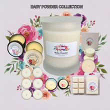 Load image into Gallery viewer, endezvous Candle Co Baby Powder soy candle collection — jar, tins, tea lights and wax melts on lavender floral background