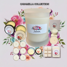 Load image into Gallery viewer, endezvous Candle Co Caramilla soy candle collection — jar, tins, tea lights and wax melts on lavender floral background