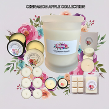 Load image into Gallery viewer, Rendezvous Candle Co Cinnamon Apple soy candle collection — jar, tins, tea lights and wax melts on lavender floral background