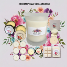 Load image into Gallery viewer, Rendezvous Candle Co Cookie Time soy candle collection — jar, tins, tea lights and wax melts on lavender floral background