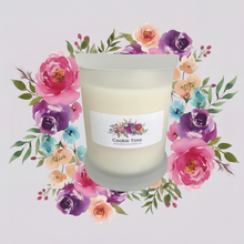 Load image into Gallery viewer, Rendezvous Candle Co Cookie Time frosted Monaco glass jar on lavender floral background