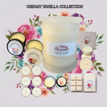 Load image into Gallery viewer, Rendezvous Candle Co Creamy Vanilla soy candle collection — jar, tins, tea lights and wax melts on lavender floral background