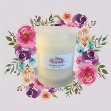 Load image into Gallery viewer, Rendezvous Candle Co Creamy Vanilla Frosted Monaco Glass jar on lavender floral background