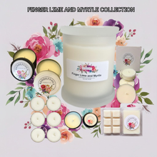 Load image into Gallery viewer, endezvous Candle Co Finger Lime and Myrtle soy candle collection — jar, tins, tea lights and wax melts on lavender floral background