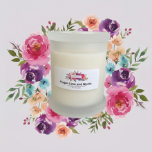 Load image into Gallery viewer, Rendezvous Candle Co Finger Lime and Myrtle Monaco Glass Jar on Lavender Floral Background