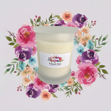 Load image into Gallery viewer, Rendezvous Candle Co French Pear Frosted Monaco Glass Jar on lavender floral background