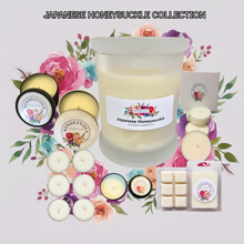 Load image into Gallery viewer, Rendezvous Candle Co Japanese Honeysuckle soy candle collection — jar, tins, tea lights and wax melts on lavender floral background