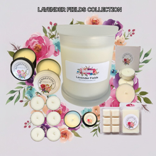 Load image into Gallery viewer, Rendezvous Candle Co Lavender Fields soy candle collection — jar, tins, tea lights and wax melts on lavender floral background