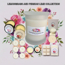Load image into Gallery viewer, Rendezvous Candle Co Lemongrass and Persian Lime soy candle collection — jar, tins, tea lights and wax melts on lavender floral background