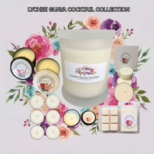Load image into Gallery viewer, Rendezvous Candle Co Lychee Guava Cocktail soy candle collection — jar, tins, tea lights and wax melts on lavender floral background