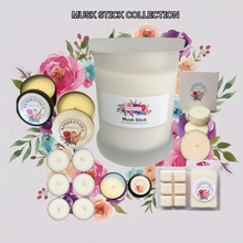 Load image into Gallery viewer, endezvous Candle Co Musk Stick soy candle collection — jar, tins, tea lights and wax melts on lavender floral background