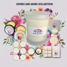 Load image into Gallery viewer, Rendezvous Candle Co Myrrh and Musk soy candle collection — jar, tins, tea lights and wax melts on lavender floral background