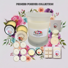 Load image into Gallery viewer, Rendezvous Candle Co Peonies Forever soy candle collection — jar, tins, tea lights and wax melts on lavender floral background