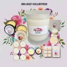 Load image into Gallery viewer, Rendezvous Candle Co Sea Salt soy candle collection — jar, tins, tea lights and wax melts on lavender floral background