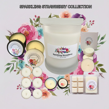 Load image into Gallery viewer, Rendezvous Candle Co Sparkling Strawberry soy candle collection — jar, tins, tea lights and wax melts on lavender floral background