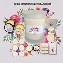 Load image into Gallery viewer, endezvous Candle Co Spicy Dragonfruit soy candle collection — jar, tins, tea lights and wax melts on lavender floral background