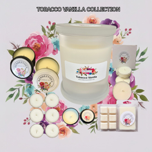 Load image into Gallery viewer, endezvous Candle Co Tobacco Vanilla soy candle collection — jar, tins, tea lights and wax melts on lavender floral background