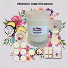 Load image into Gallery viewer, Rendezvous Candle Co Victorian Rose soy candle collection — jar, tins, tea lights and wax melts on lavender floral background