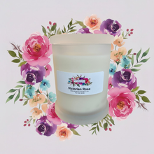 Load image into Gallery viewer, Rendezvous Candle Co Victorian Rose frosted Monaco glass jar on lavender floral background