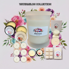 Load image into Gallery viewer, endezvous Candle Co Watermelon soy candle collection — jar, tins, tea lights and wax melts on lavender floral background