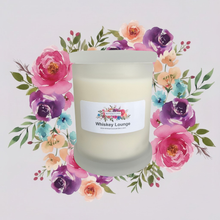 Load image into Gallery viewer, Rendezvous Candle Co Whiskey Lounge frosted Monaco glass jar on lavender floral background