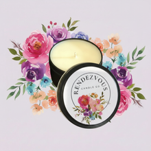 Load image into Gallery viewer, Rendezvous Candle Co Black tin on Lavender Floral Background