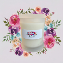 Load image into Gallery viewer, Rendezvous Candle Co Caramilla frosted Monaco glass jar on lavender floral background
