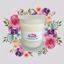 Load image into Gallery viewer, Rendezvous Candle Co Coconut and Lime frosted Monaco glass jar on lavender floral background 
