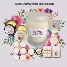Load image into Gallery viewer, Rendezvous Candle Co David Austin Rose soy candle collection — jar, tins, tea lights and wax melts on lavender floral background

