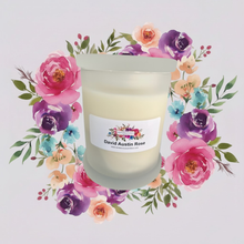 Load image into Gallery viewer, Rendezvous Candle Co David Austin Rose Frosted Monaco Glass jar on lavender floral background 

