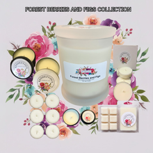 Load image into Gallery viewer, Rendezvous Candle Co Forest Berries and Figs soy candle collection — jar, tins, tea lights and wax melts on lavender floral background
