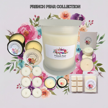 Load image into Gallery viewer, Rendezvous Candle Co French Pear soy candle collection — jar, tins, tea lights and wax melts on lavender floral background
