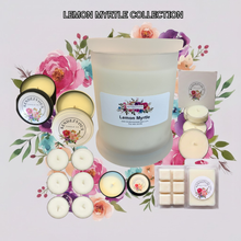 Load image into Gallery viewer, endezvous Candle Co Lemon Myrtle soy candle collection — jar, tins, tea lights and wax melts on lavender floral background
