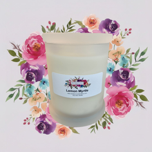 Load image into Gallery viewer, Rendezvous Candle Co Lemon Myrtle frosted Monaco glass jar on lavender floral background 

