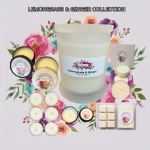 Load image into Gallery viewer, endezvous Candle Co Lemongrass and Ginger soy candle collection — jar, tins, tea lights and wax melts on lavender floral background
