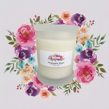 Load image into Gallery viewer, Rendezvous Candle Co Pineapple Blast frosted Monaco glass jar on lavender floral background 
