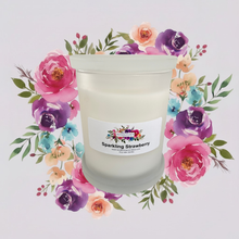 Load image into Gallery viewer, Rendezvous Candle Co Sparkling Strawberry frosted Monaco Glass Jar on lavender floral background 
