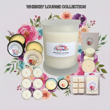 Load image into Gallery viewer, Rendezvous Candle Co Whiskey Lounge soy candle collection — jar, tins, tea lights and wax melts on lavender floral background
