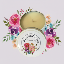 Load image into Gallery viewer, Rendezvous Candle Co White Tin on Lavender Floral Background
