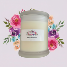 Load image into Gallery viewer, Rendezvous Candle Co Baby Powder Monaco frosted glass jar on lavender floral background
