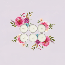 Load image into Gallery viewer, Rendezvous Candle Co  pack of 6 Tea Lights on lavender floral background 
