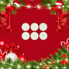 Load image into Gallery viewer, Six white tea lights on red Christmas background

